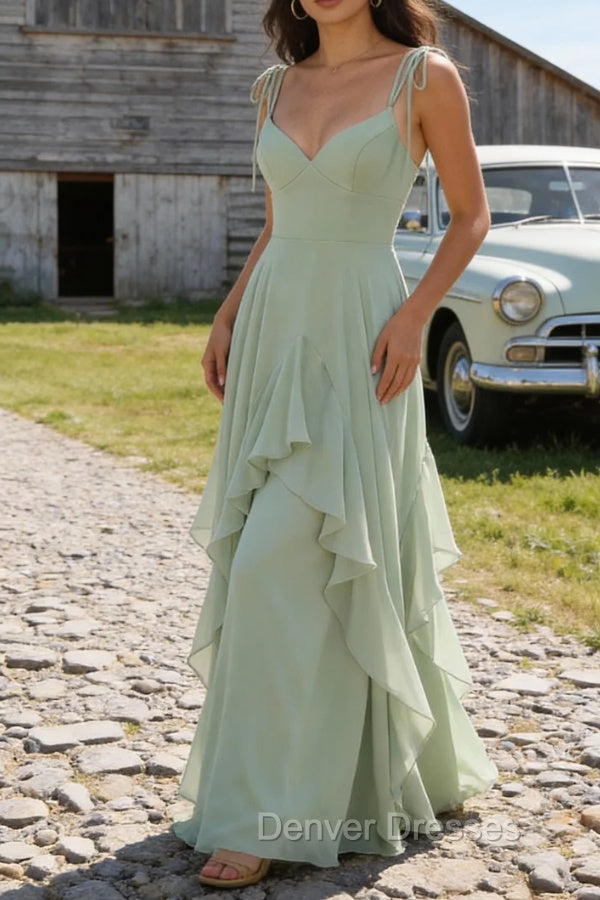 Green A-Line Spaghetti Straps Chiffon Bridesmaid Dress with Ruffles