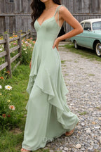 Green A-Line Spaghetti Straps Chiffon Bridesmaid Dress with Ruffles