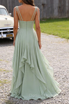 Green A-Line Spaghetti Straps Chiffon Bridesmaid Dress with Ruffles