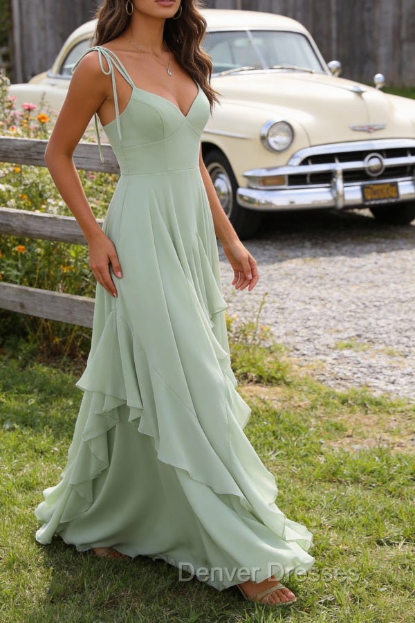 Green A-Line Spaghetti Straps Chiffon Bridesmaid Dress with Ruffles Main image