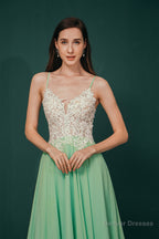 A-line Spaghetti Straps Side Split Long Prom Dresses