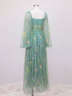 Green A-Line Sweetheart Green Tulle Lace Long Prom Dress, Green Formal Dress