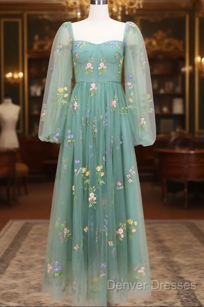Green A-Line Sweetheart Green Tulle Lace Long Prom Dress, Green Formal Dress Main image