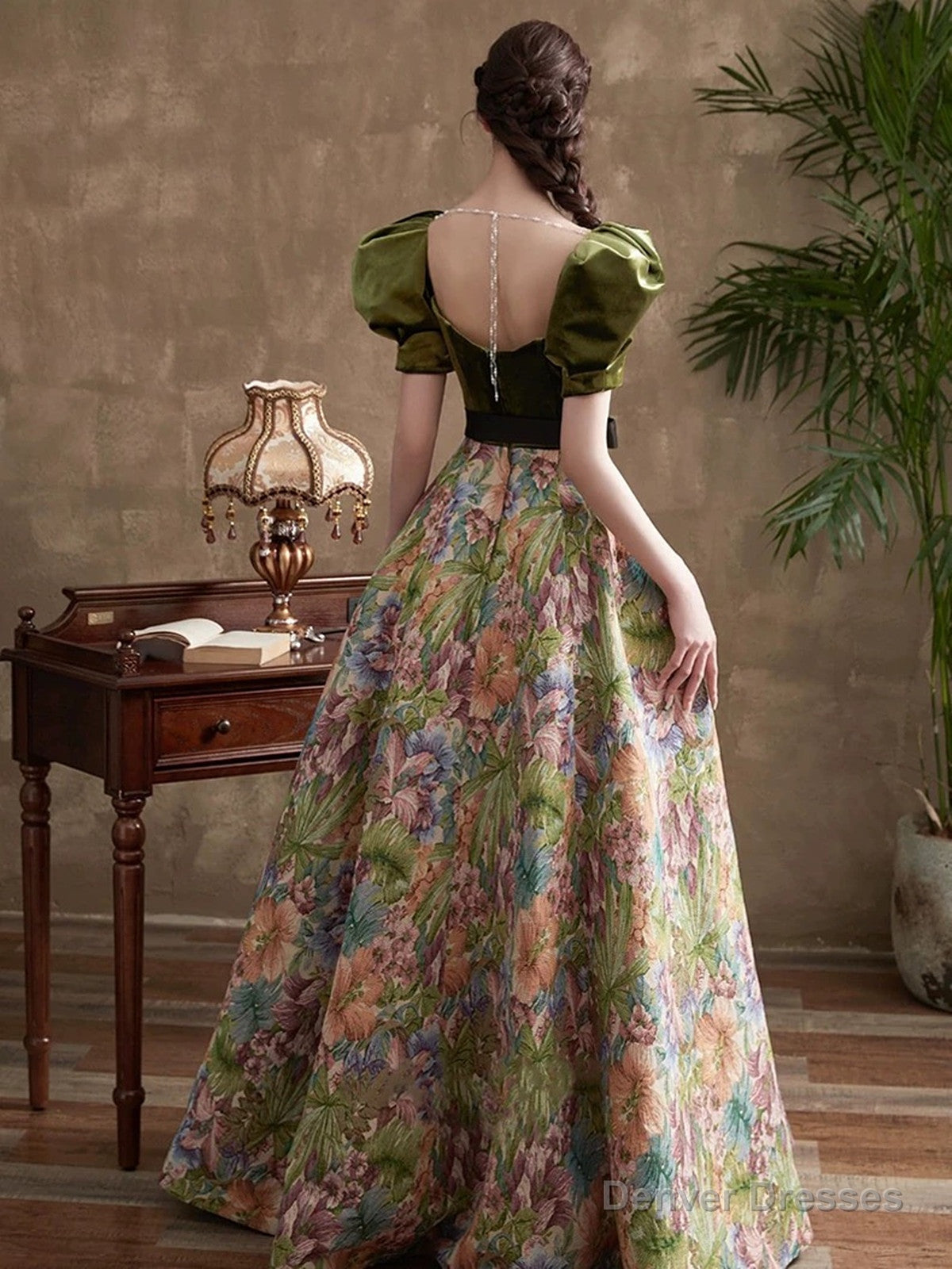 Green A-line Sweetheart Long Prom Dress Evening Dress, Green Floral Party Dress