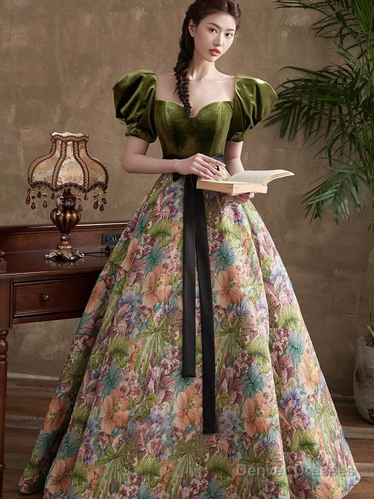 Green A-line Sweetheart Long Prom Dress Evening Dress, Green Floral Party Dress Main image