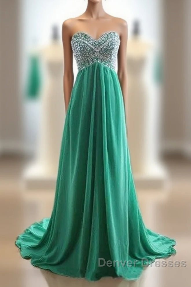 Green A-Line Sweetheart Neck Chiffon Long Prom Dress, Evening Dress Main image
