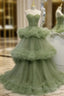Green A-line Sweetheat Pleated Tulle Prom Dress