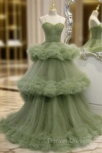 Green A-line Sweetheat Pleated Tulle Prom Dress