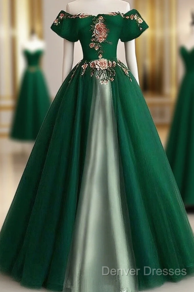 Green A-Line Tulle And Satin Long Formal Dress, Green Party Dress Prom Dress Main image