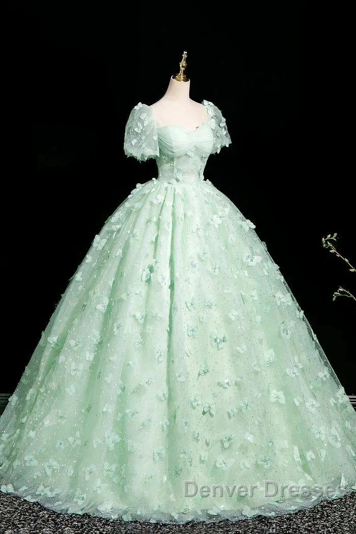 Green A-Line Tulle Beaded Sequin Long Prom Dress, Beautiful 3D Butterfly Evening Dress Secondary image