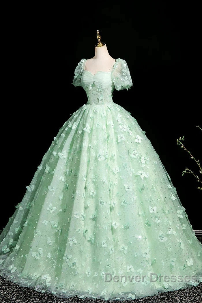 Green A-Line Tulle Beaded Sequin Long Prom Dress, Beautiful 3D Butterfly Evening Dress