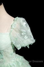 Green A-Line Tulle Beaded Sequin Long Prom Dress, Beautiful 3D Butterfly Evening Dress