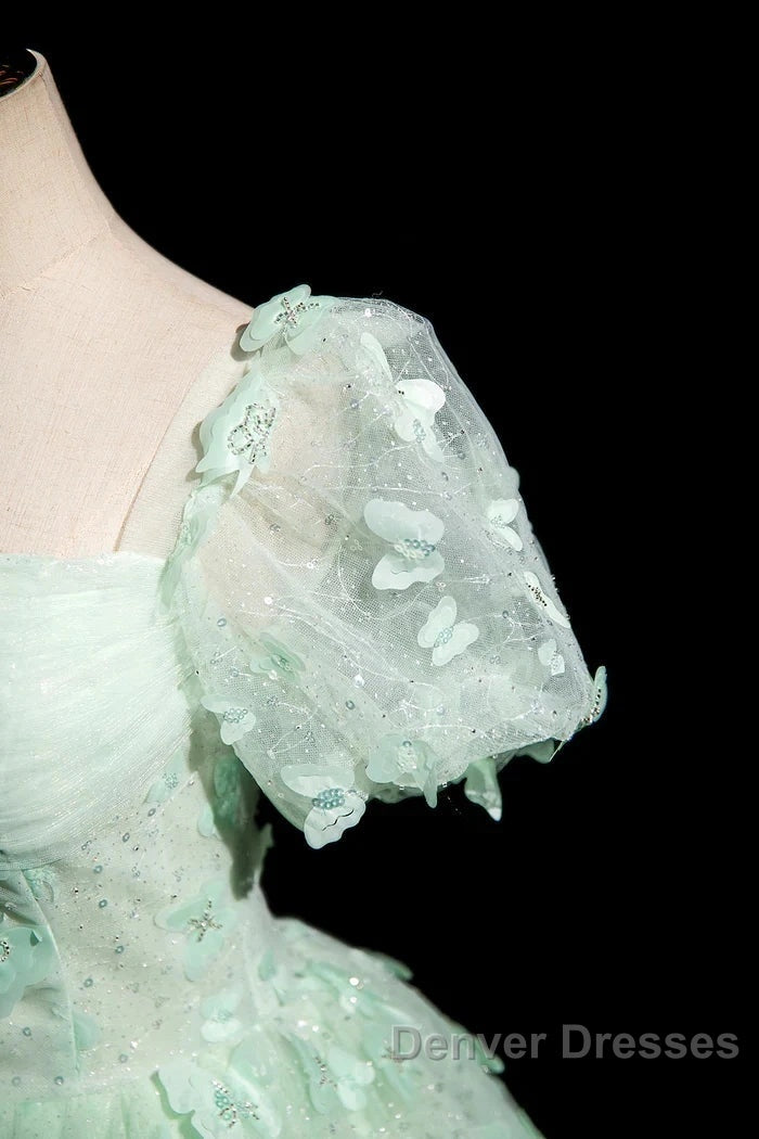 Green A-Line Tulle Beaded Sequin Long Prom Dress, Beautiful 3D Butterfly Evening Dress