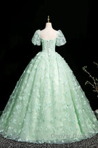 Green A-Line Tulle Beaded Sequin Long Prom Dress, Beautiful 3D Butterfly Evening Dress