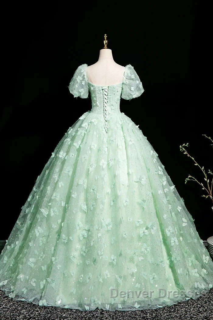 Green A-Line Tulle Beaded Sequin Long Prom Dress, Beautiful 3D Butterfly Evening Dress