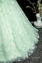 Green A-Line Tulle Beaded Sequin Long Prom Dress, Beautiful 3D Butterfly Evening Dress