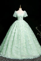 Green A-Line Tulle Beaded Sequin Long Prom Dress, Beautiful 3D Butterfly Evening Dress