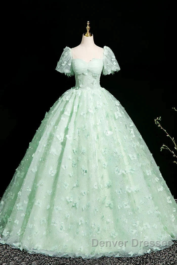 Green A-Line Tulle Beaded Sequin Long Prom Dress, Beautiful 3D Butterfly Evening Dress