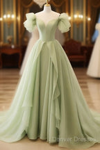 Green A Line Tulle Long Prom Dress V Neck Long Formal Dress