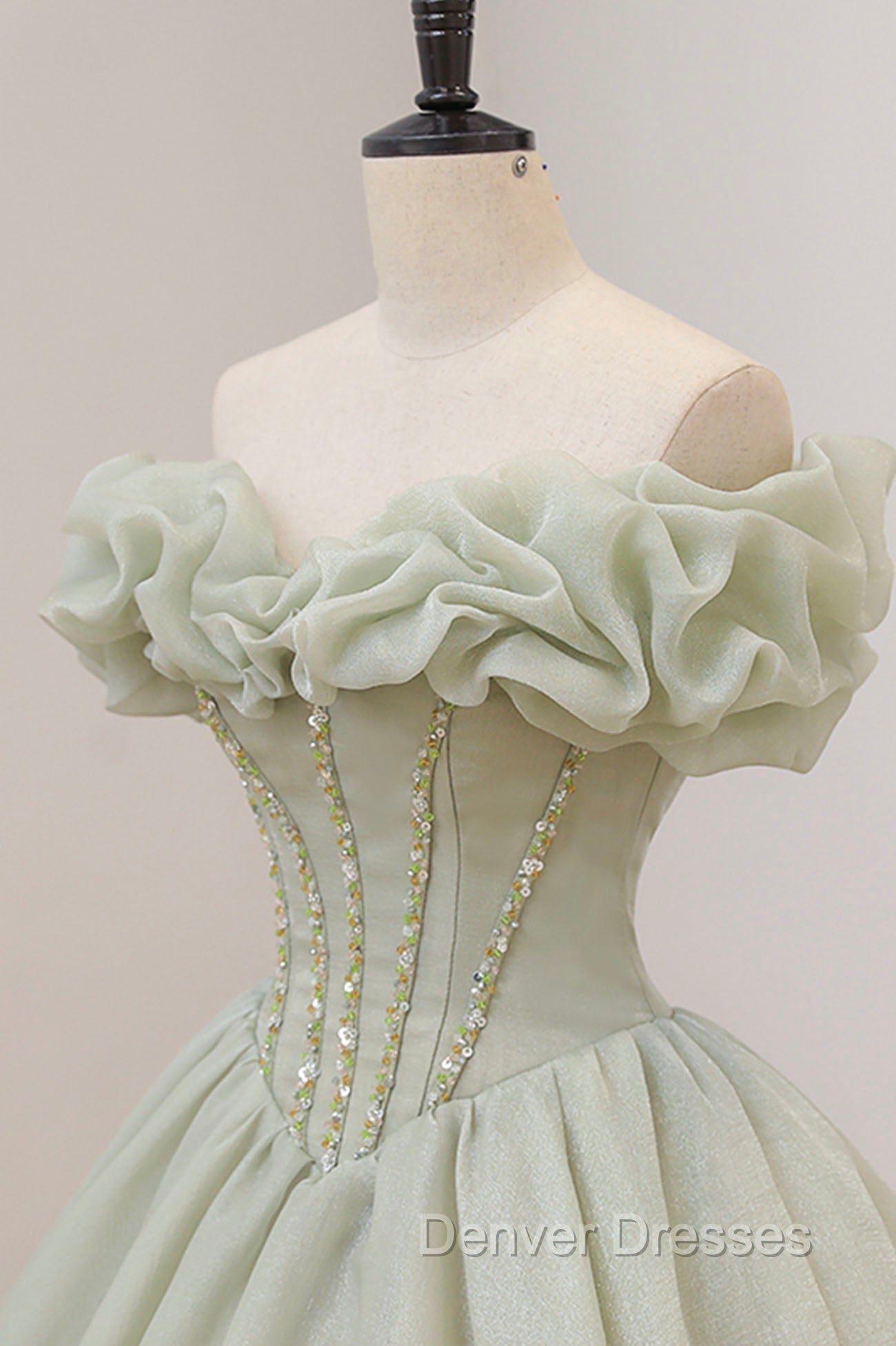 Green A-Line Tulle Long Prom Dress with Beaded, Off the Shoulder Evening Dress Secondary image