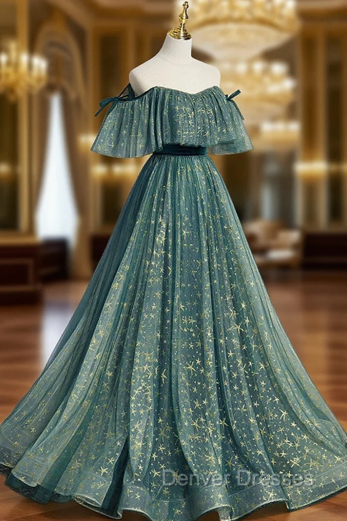 Green A line Tulle Long Prom Dress, Green Graduation Dress Main image