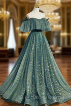 Green A line Tulle Long Prom Dress, Green Graduation Dress