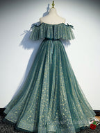 Green A line Tulle Long Prom Dress, Green Graduation Dress