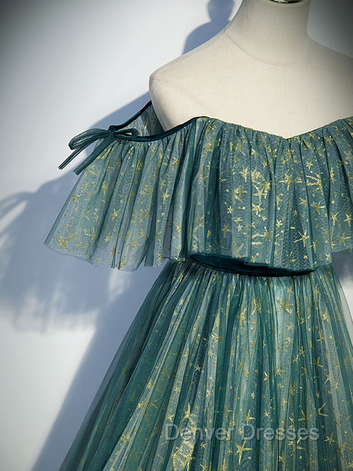 Green A line Tulle Long Prom Dress, Green Graduation Dress