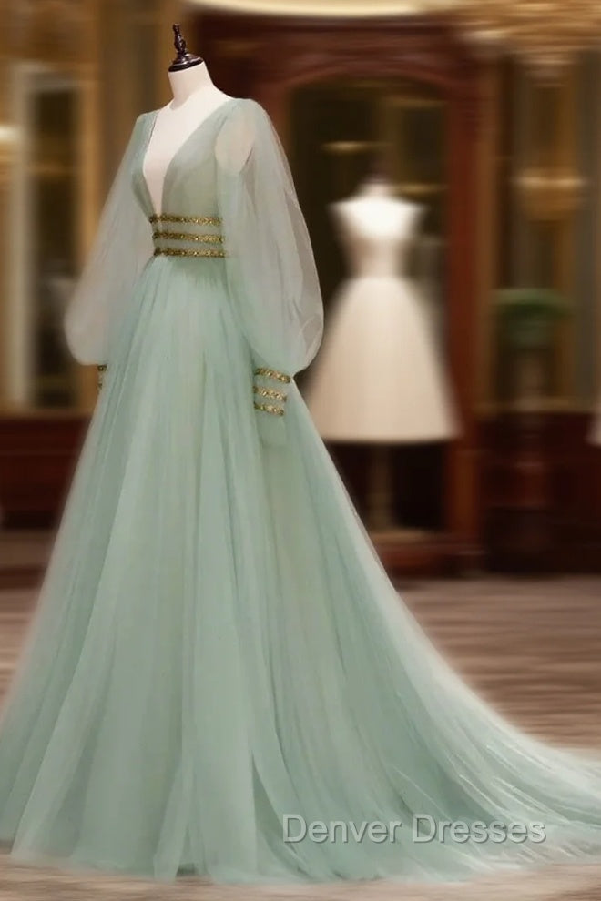 Green A-line Tulle New Prom Dress Long Sleeves Green Party Dress prom Dress shops Main image