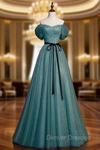 Green A line Tulle Sequin Long Prom Dress, Green Tulle Graduation Dress