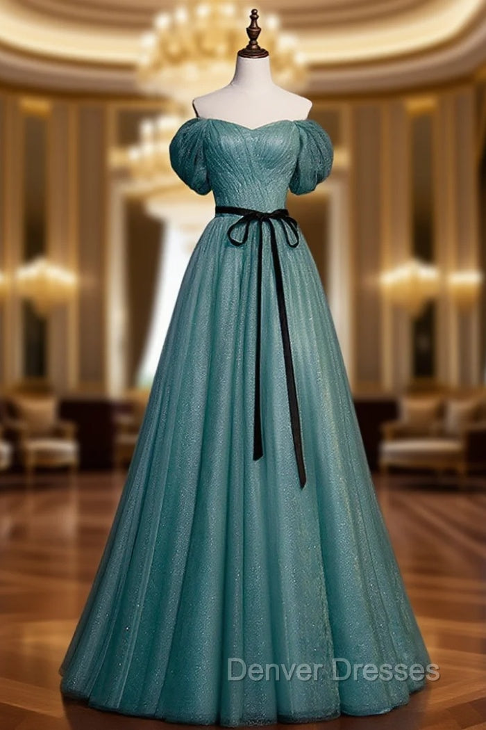 Green A line Tulle Sequin Long Prom Dress, Green Tulle Graduation Dress