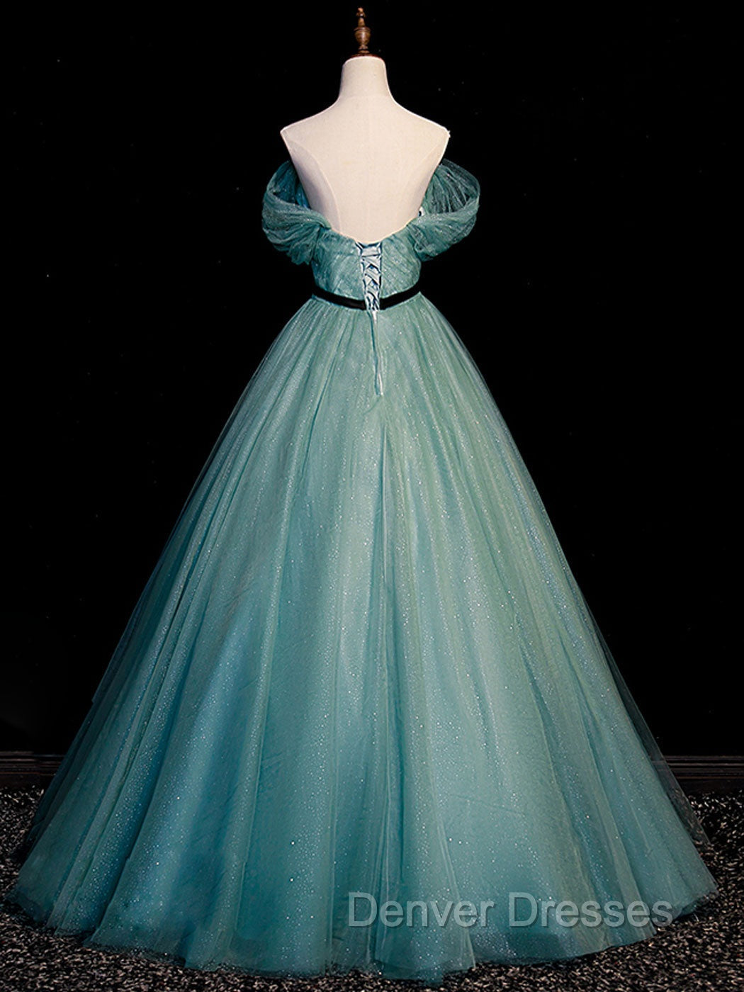Green A line Tulle Sequin Long Prom Dress, Green Tulle Graduation Dress