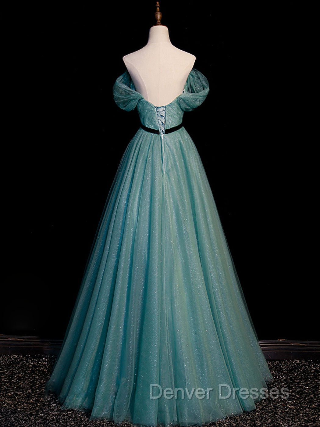 Green A line Tulle Sequin Long Prom Dress, Green Tulle Graduation Dress