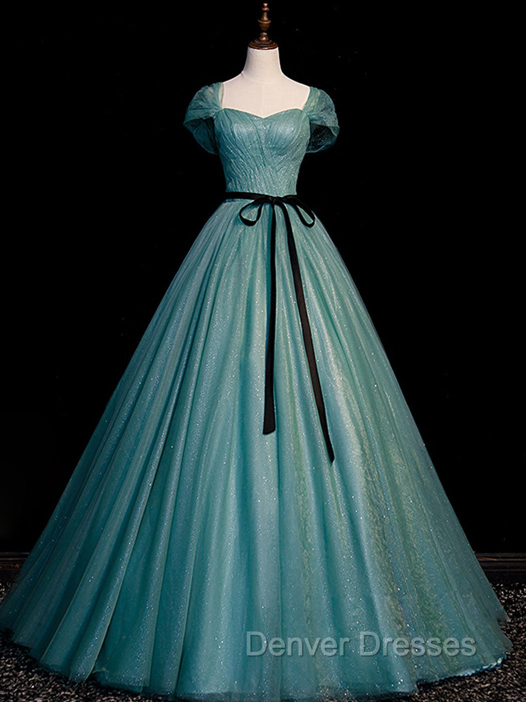 Green A line Tulle Sequin Long Prom Dress, Green Tulle Graduation Dress Secondary image