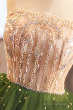 Green A-Line Tulle Sequins Knee Length Party Dress, Lovely Strapless Prom Evening Dress