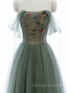 Green A-line Tulle with Lace Applique Long Formal Dress, Green Prom Dress