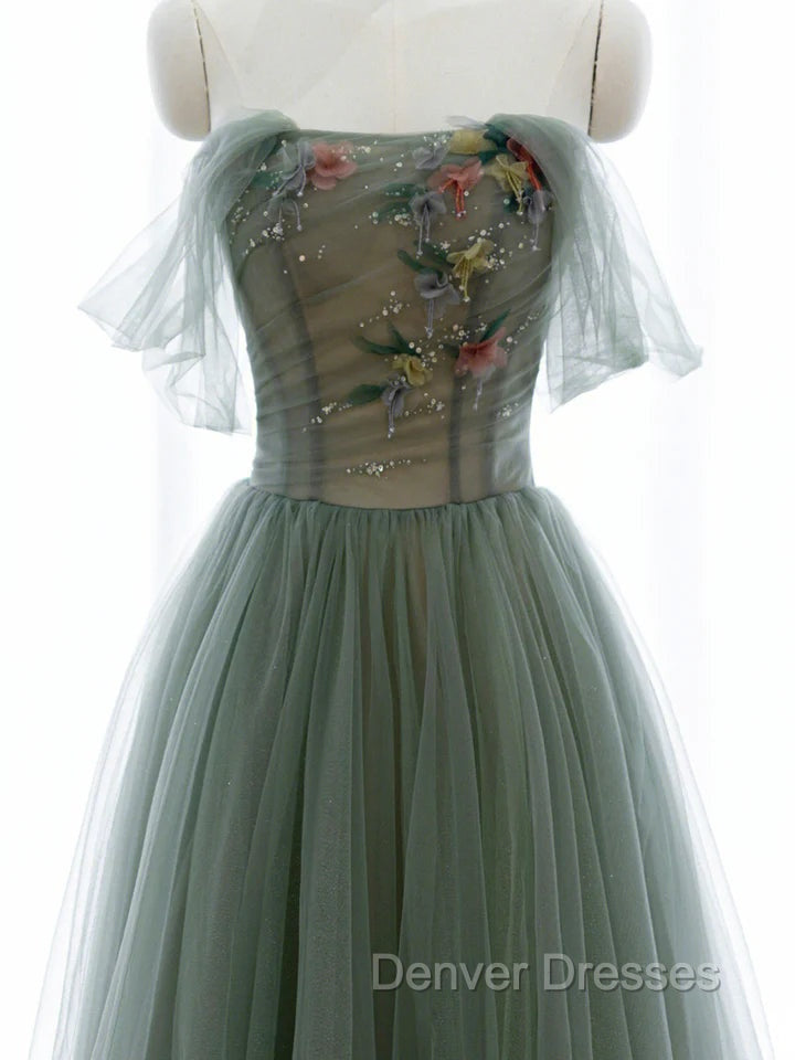 Green A-line Tulle with Lace Applique Long Formal Dress, Green Prom Dress
