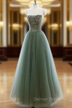 Green A-line Tulle with Lace Applique Long Formal Dress, Green Prom Dress