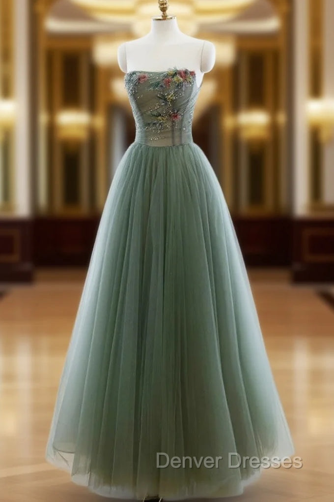 Green A-line Tulle with Lace Applique Long Formal Dress, Green Prom Dress