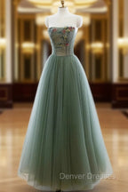 Green A-line Tulle with Lace Applique Long Formal Dress, Green Prom Dress
