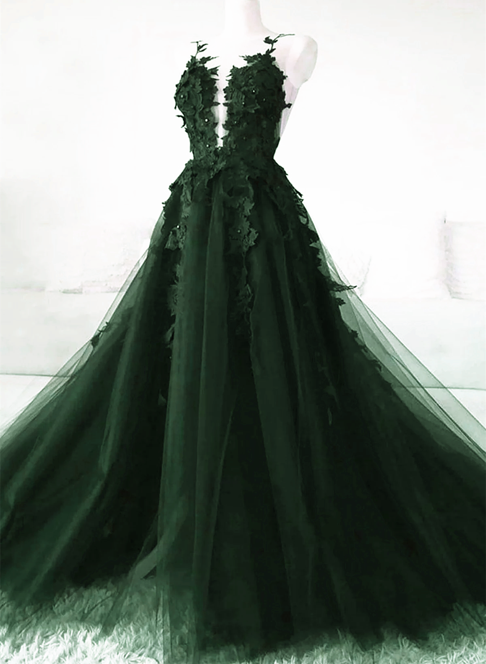 Green A-Line Tulle With Lace Low Back Prom Dress, Green Tulle Evening Dress Party Dress Main image