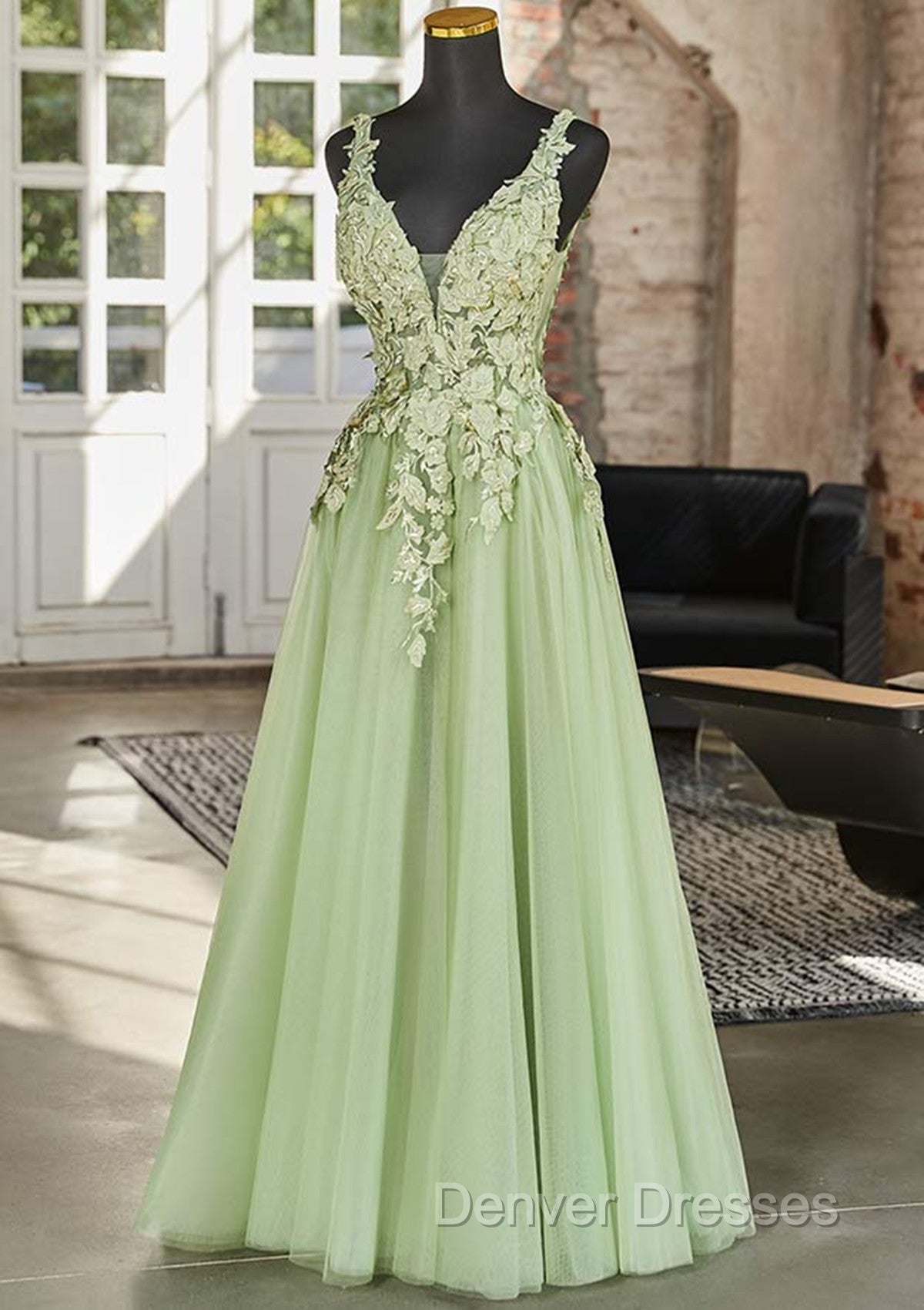 Green A-line V-neckline Tulle with Lace Long Party Dress, Green Tulle Prom Dress Secondary image