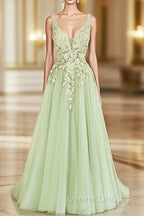 Green A-line V-neckline Tulle with Lace Long Party Dress, Green Tulle Prom Dress