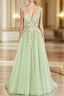 Green A-line V-neckline Tulle with Lace Long Party Dress, Green Tulle Prom Dress
