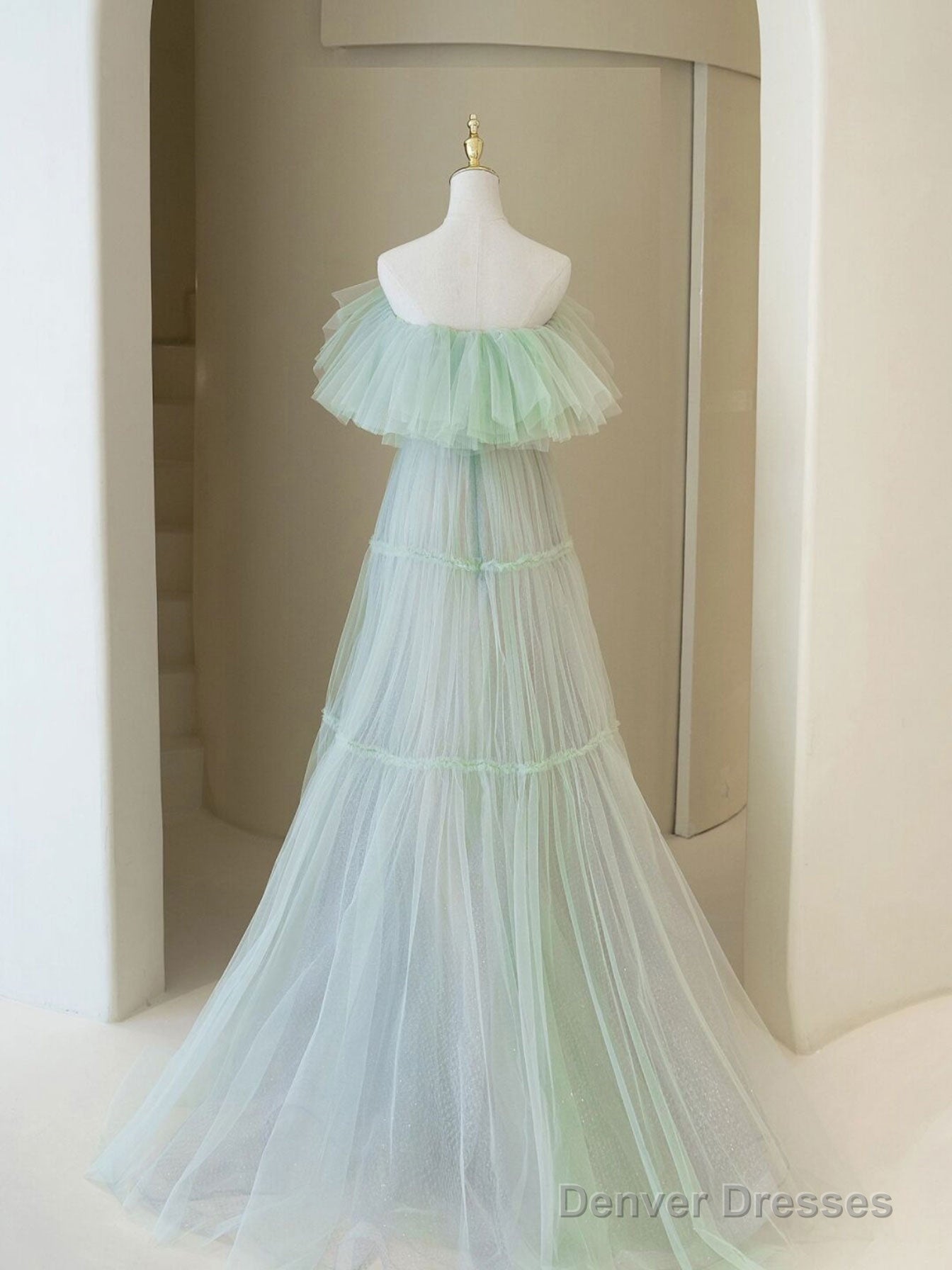 Green Aline Long Prom Dresses, Off Shoulder Formal Long Green Evening Graduation Dresses