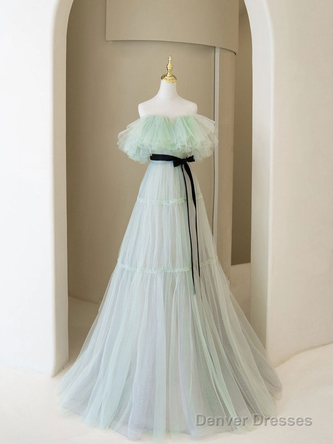 Green Aline Long Prom Dresses, Off Shoulder Formal Long Green Evening Graduation Dresses Main image