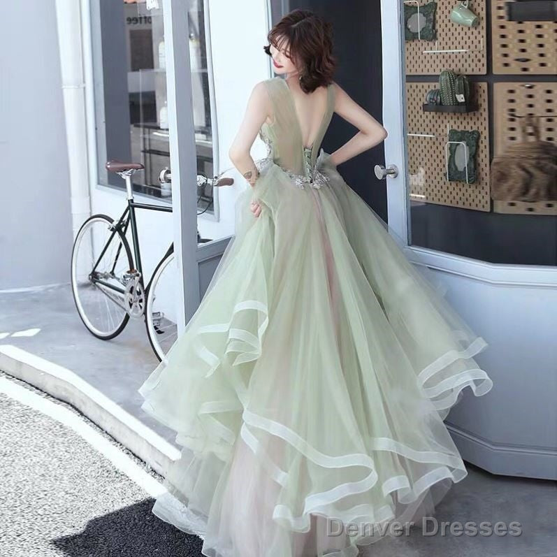 Green And Pink Tulle Long V-Neckline Long Evening Dress Party Dress, Sweet 16 Formal Dreses