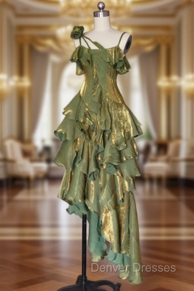 Green Asymmetrical Layered Flounce Spaghetti Strap Dress Evening Gown Main image