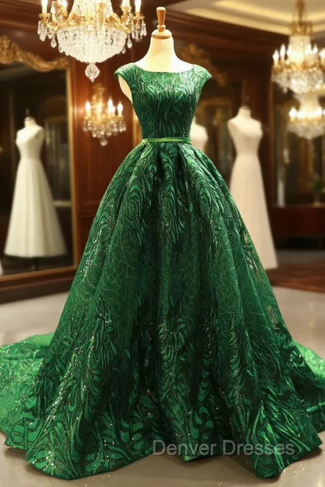 Green Ball Gown Lace Sequins Backless Cap Sleeve Prom Dress Main image