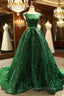 Green Ball Gown Lace Sequins Backless Cap Sleeve Prom Dress